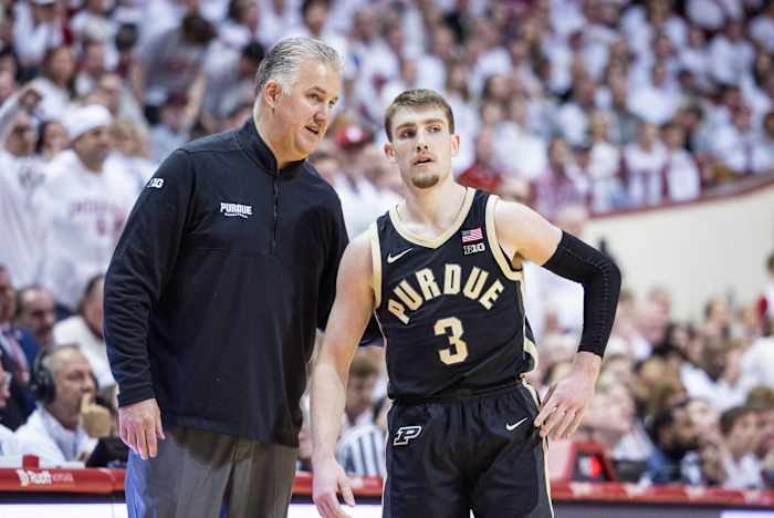 Purdue Boilermakers head coach Matt Painter and guard Braden Smith (3) in the second half against the Indiana Hoosiers at Simon Skjodt Assembly Hall.